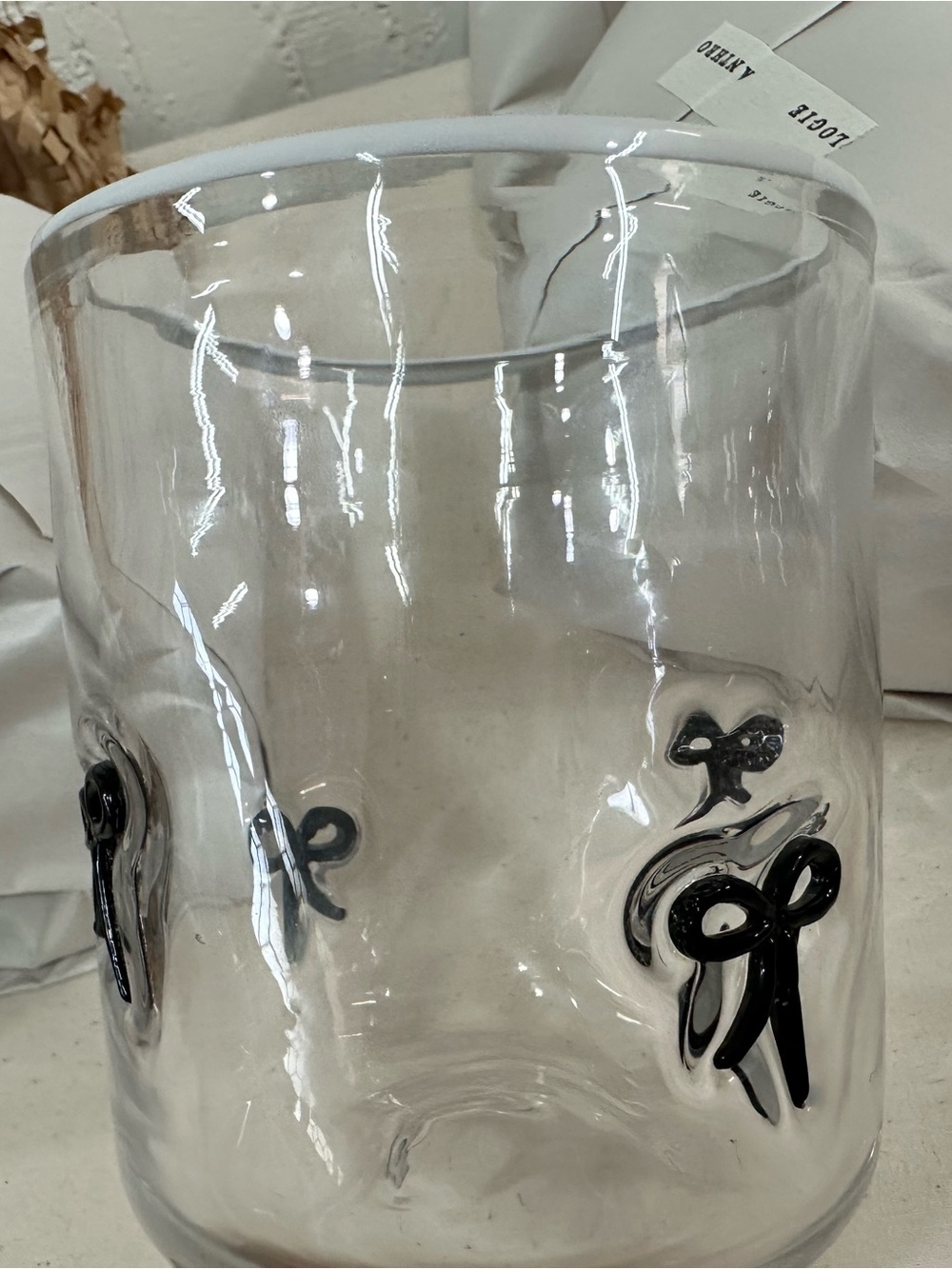 Anthropologie Clear Glass Candle Holder with Black Ribbon Accents